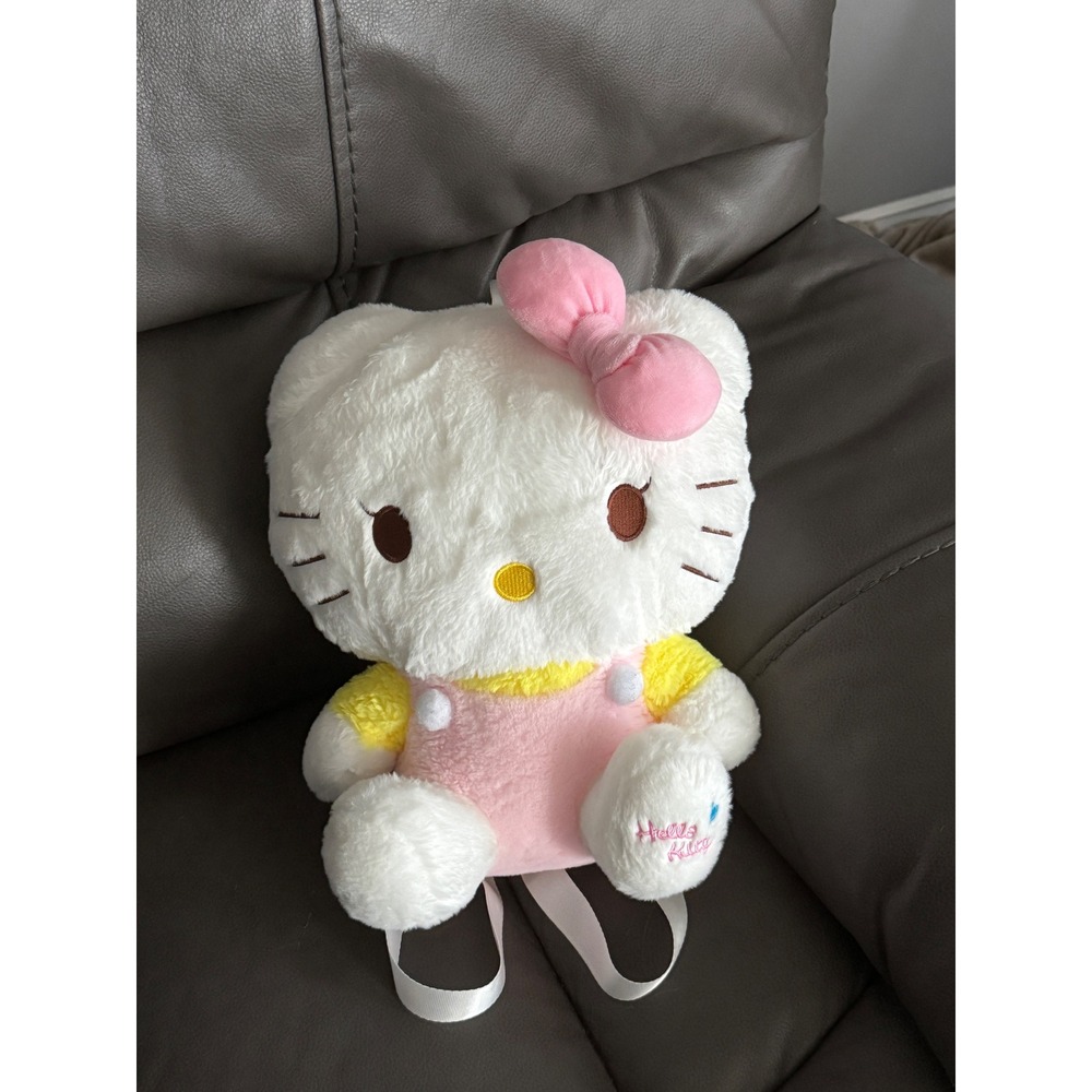 Hello Kitty Plush Backpack White Pink Yellow Bow Cute School Bag 13" by 11"